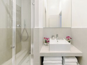 Shower, hair dryer, towels, soap