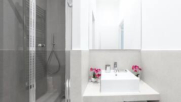 Douche, sèche-cheveux, serviettes fournies, savon