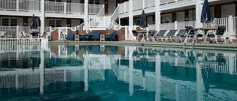 Seasonal outdoor pool, pool umbrellas, sun loungers