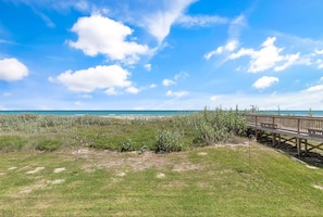 Une plage avec une promenade en bois et une zone herbeuse parsemée de fleurs sauvages.
