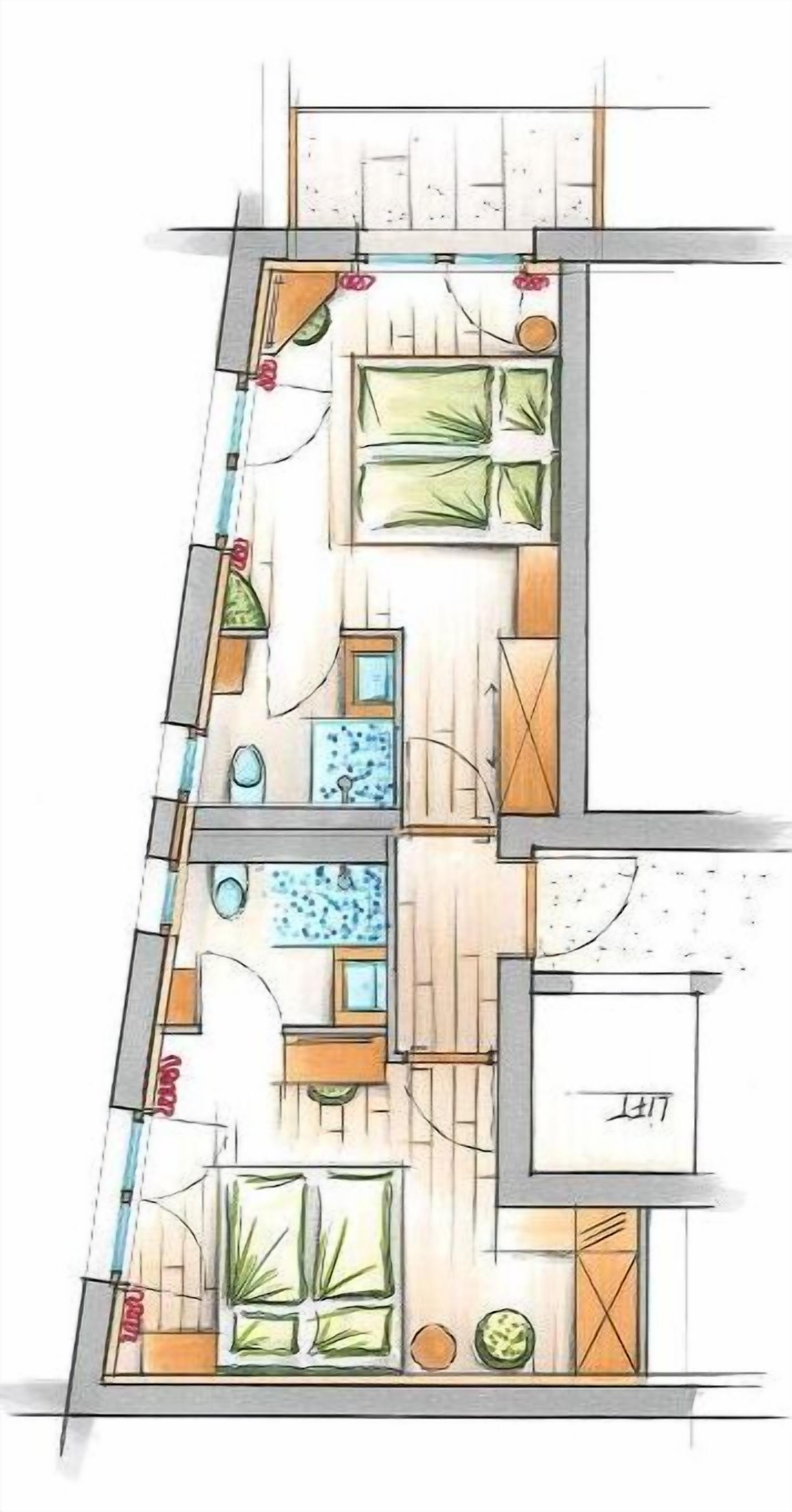A floor plan of a hotel with multiple rooms, a swimming pool, and a garden area.