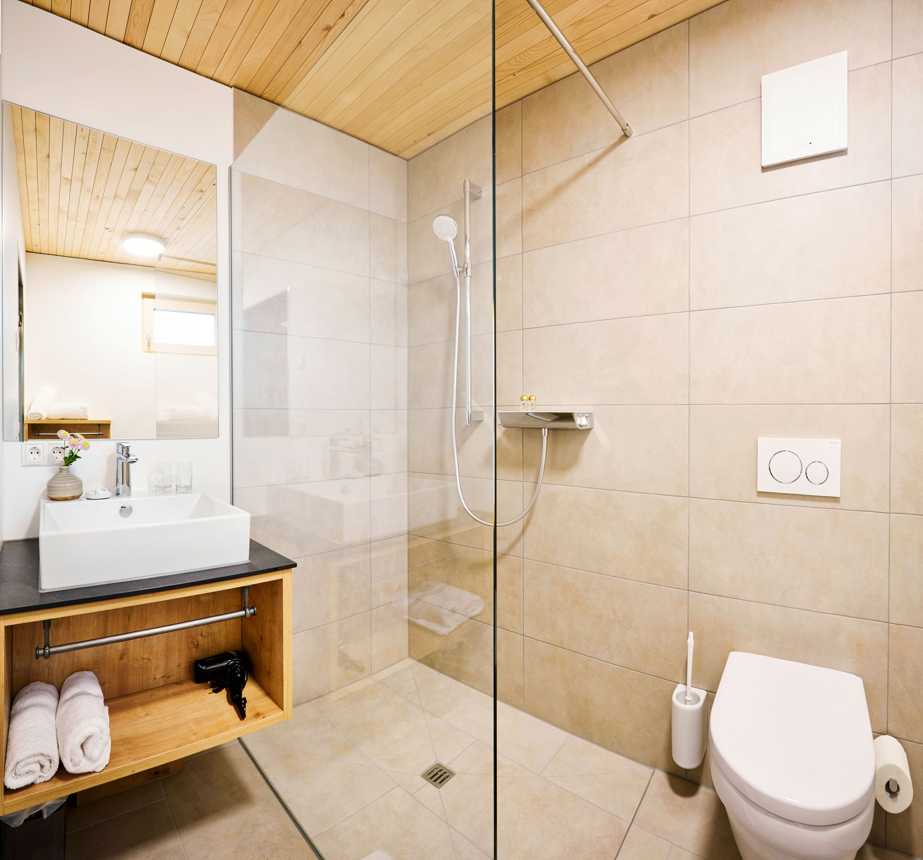 A modern bathroom with a glass shower enclosure, a sink with a mirror, and a toilet.