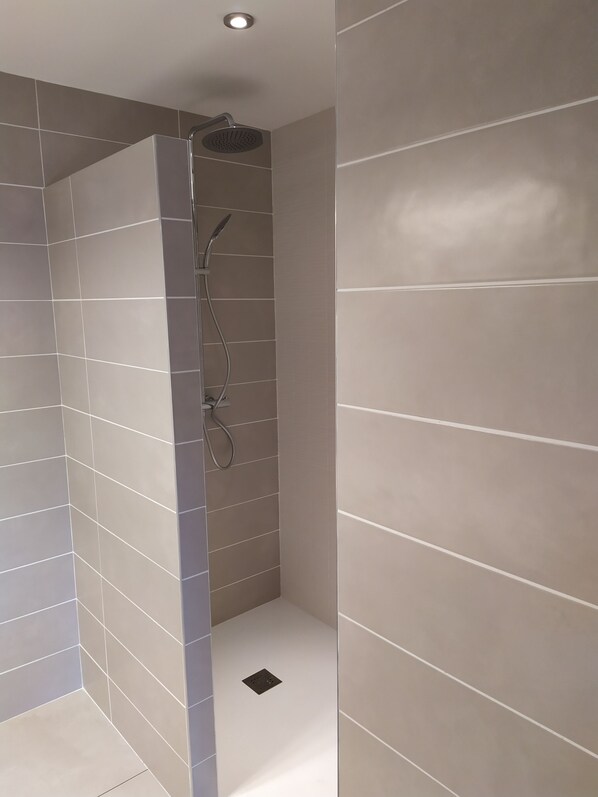 A modern shower area with a wall-mounted showerhead and a handheld showerhead.