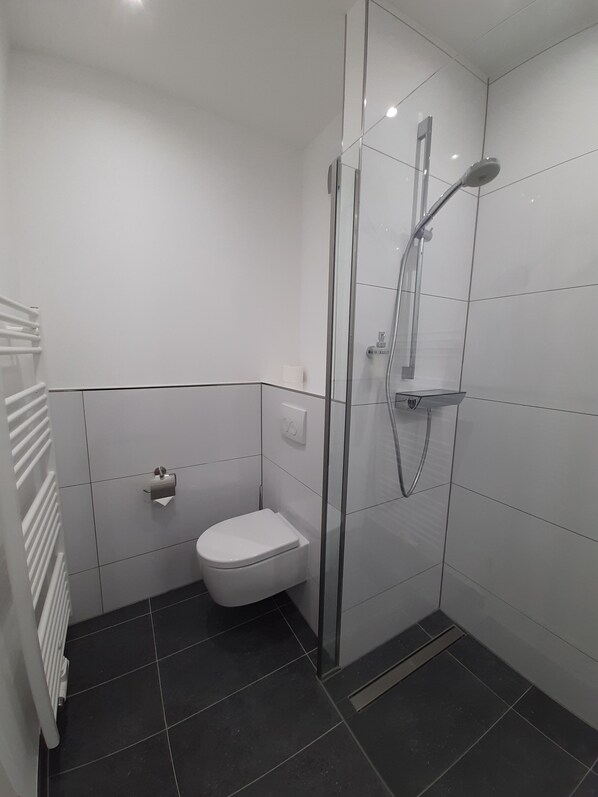 A modern bathroom with a glass-enclosed shower, a toilet, and a towel rack.