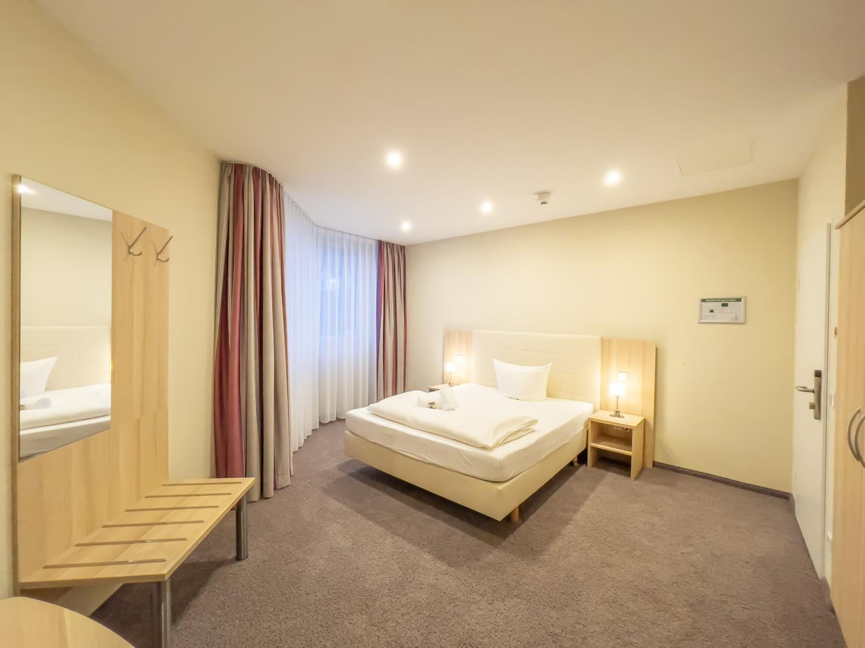 1 bedroom, desk, laptop workspace, blackout curtains