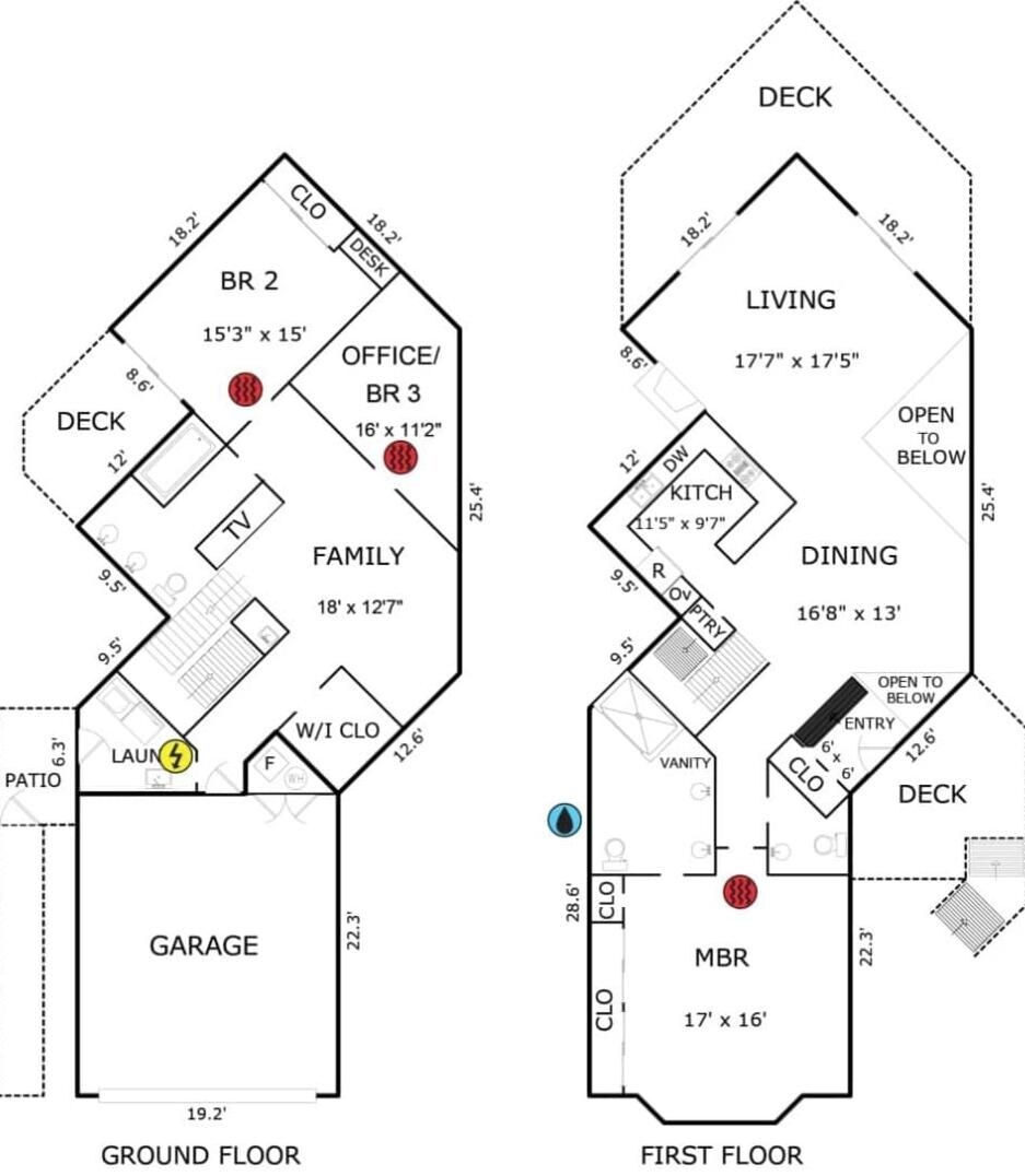 Plano de planta de una casa de dos pisos con garaje, sala de estar, comedor, cocina y sala familiar.