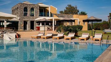 Seasonal outdoor pool, open 10:00 AM to 6:00 PM, pool umbrellas