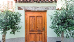 A wooden door with a metal handle, flanked by two potted olive trees, set against a light-colored wall with a tiled roof above. - Apartments Amavi (Izola)