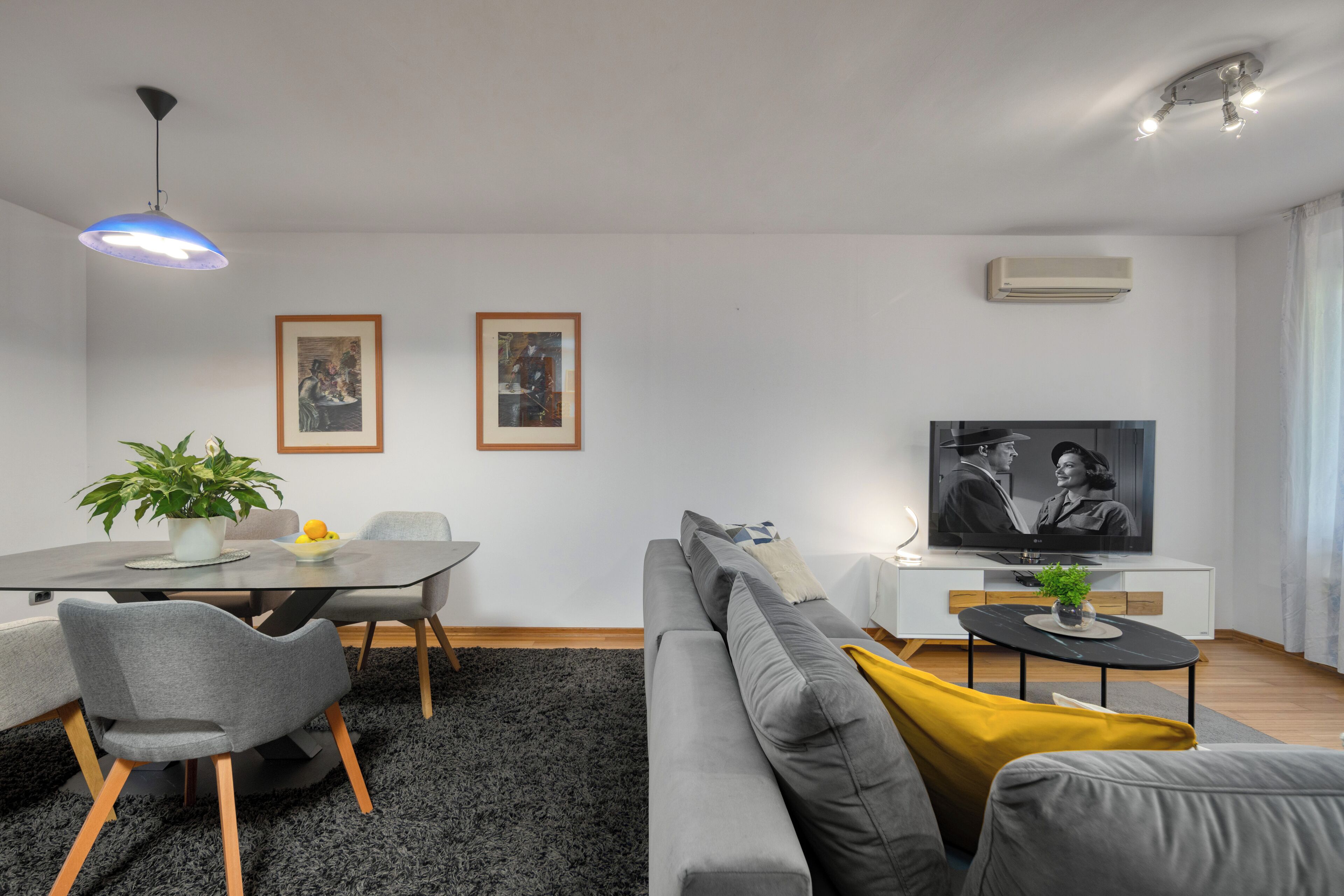 Leilighet – deluxe, 1 kingsize-seng med sovesofa, terrasse, sjøutsikt | Oppholdsområde | TV