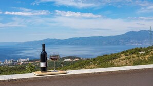 A bottle of wine and a glass on a table with a scenic view of the sea and mountains in the background. - Terra Magica Deluxe Apartment OR Room with Private Parking, Terrace and Sea View (Cavle)