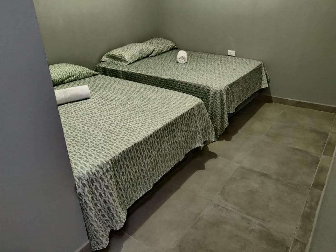 A room with two beds, each with patterned bedding and pillows.