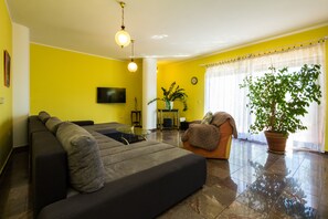 Smart-TV, Kamin, Bücher, Stereoanlage