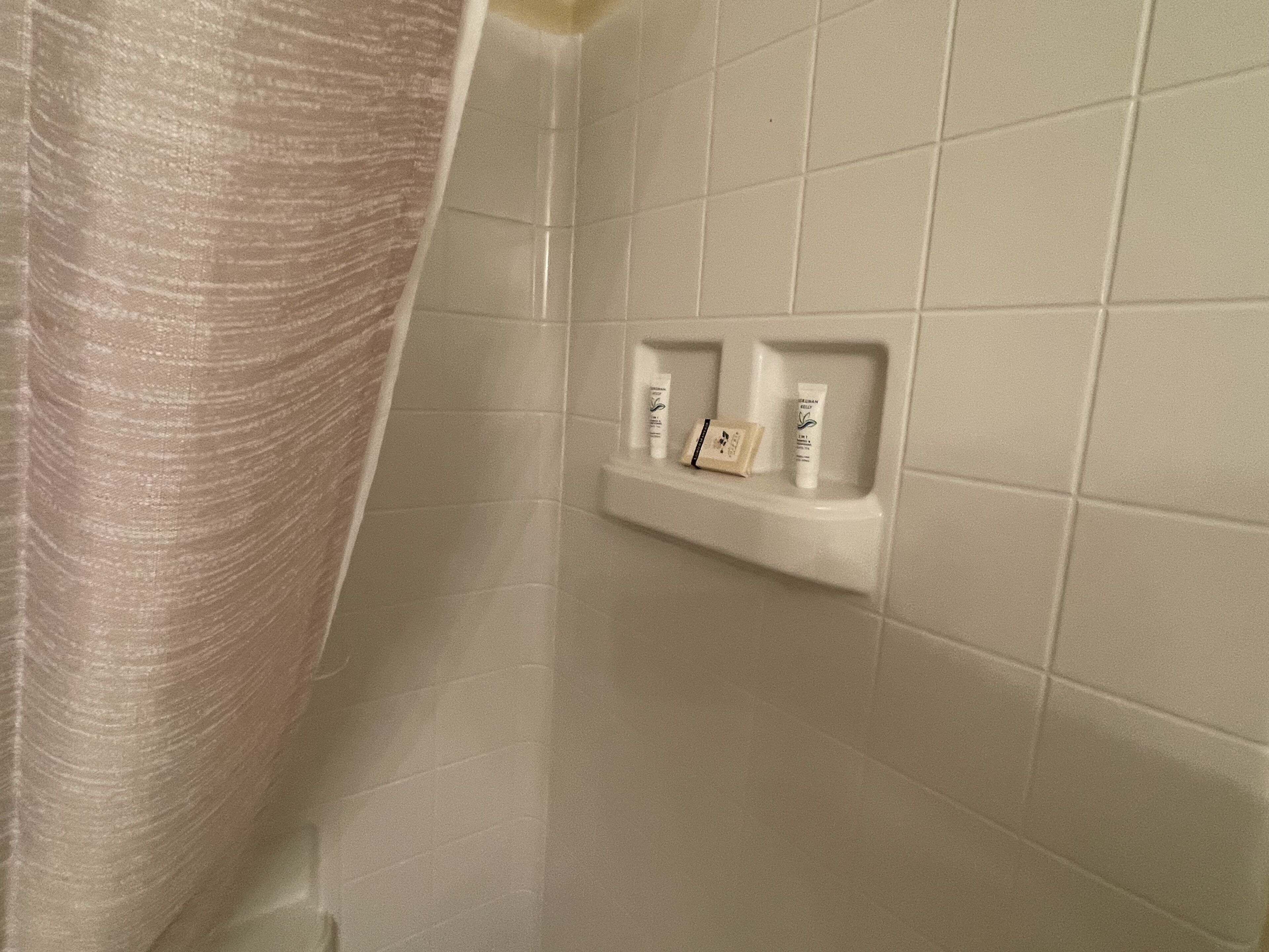 Combined shower/bathtub, hair dryer, towels, soap
