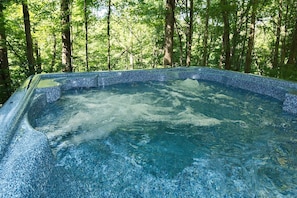 Relax in a secluded hot tub surrounded by tall trees.