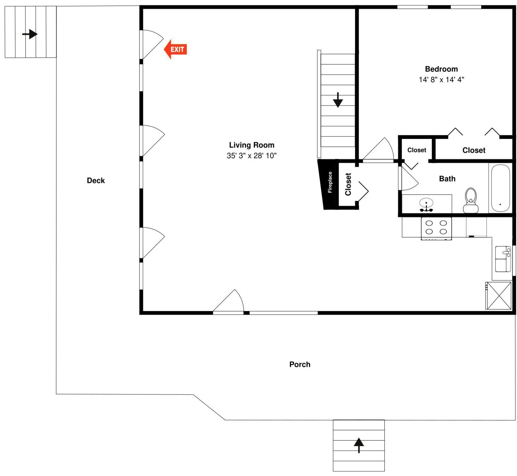 A floor plan with a bedroom, living room, deck, and porch.