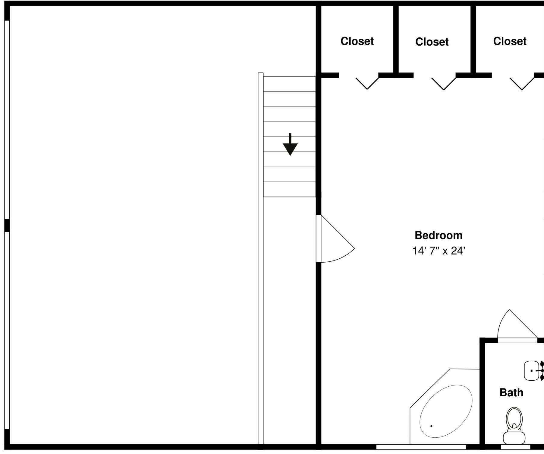 Een plattegrond met een slaapkamer van 4,4 meter bij 7,3 meter, een badkamer en drie inloopkasten.