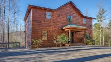 A two-story log cabin with a green roof, a front porch, and a driveway.