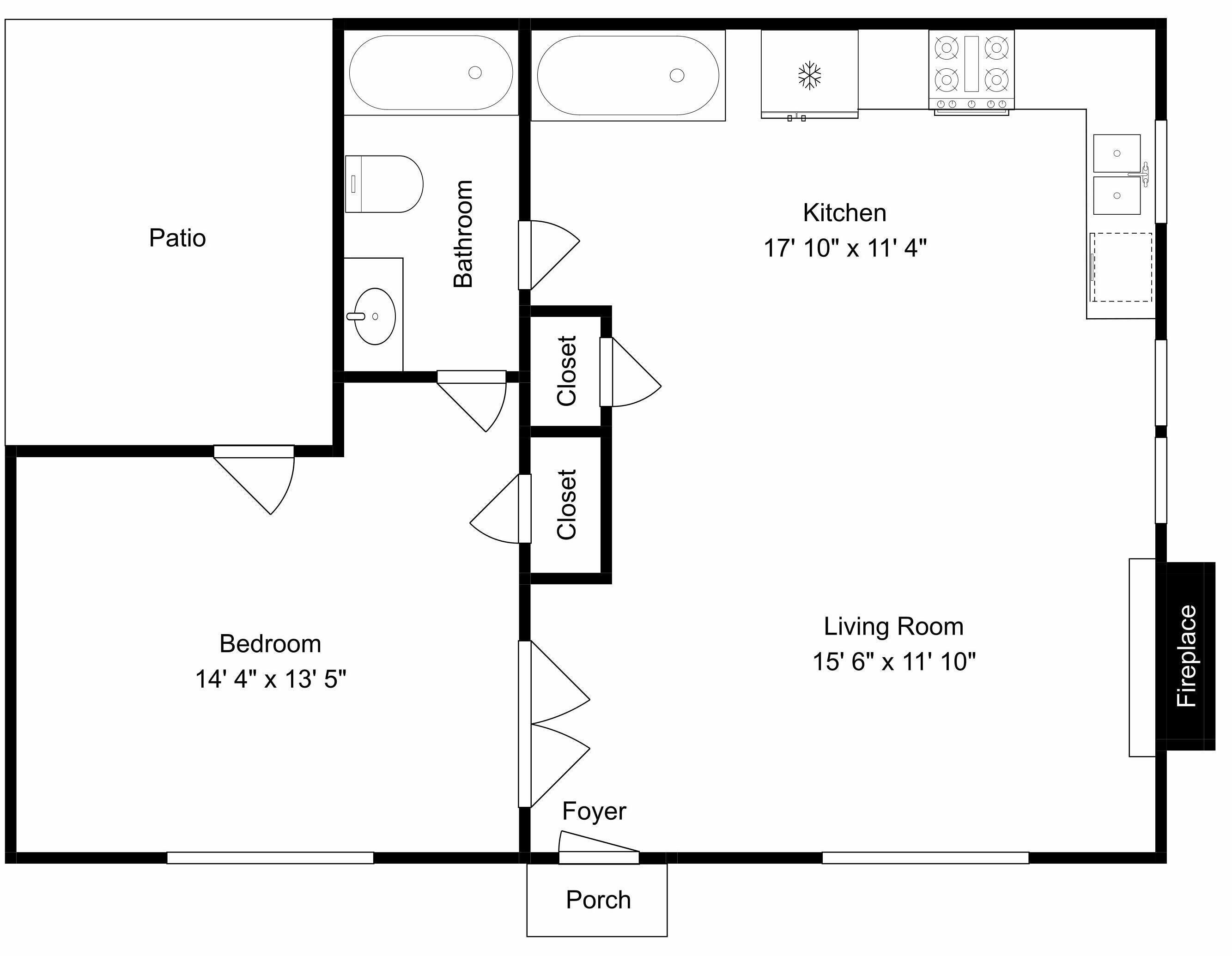 A floor plan with a patio, bedroom, bathroom, kitchen, living room, foyer, and porch.
