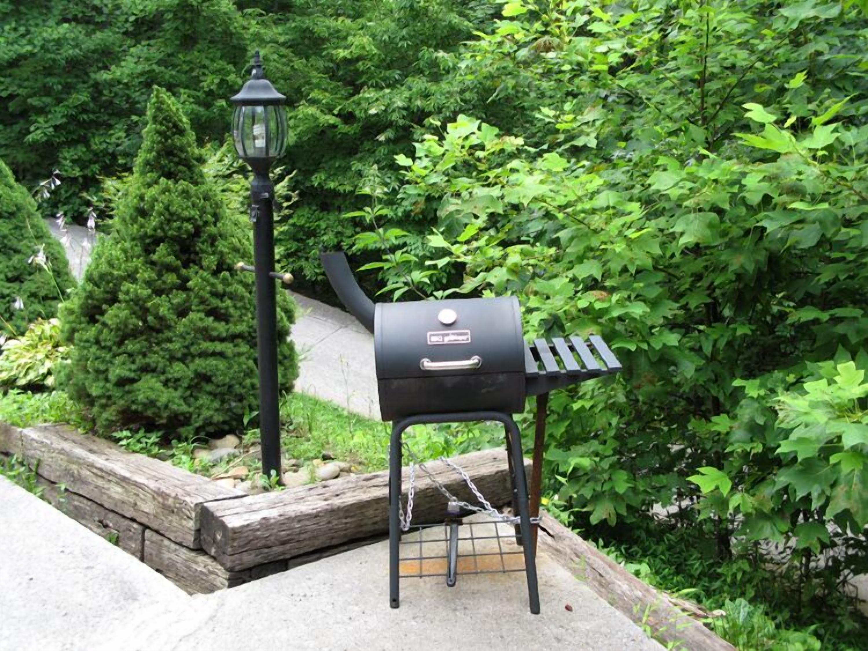 Un barbecue noir, doté d’une chaîne et d’une grille en métal, est placé sur un fond de verdure luxuriante, le tout bordé de rondins de bois.