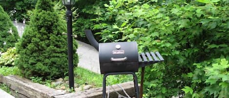 A black barbecue grill with a chain and a metal rack, set against a backdrop of lush greenery and a wooden log border.