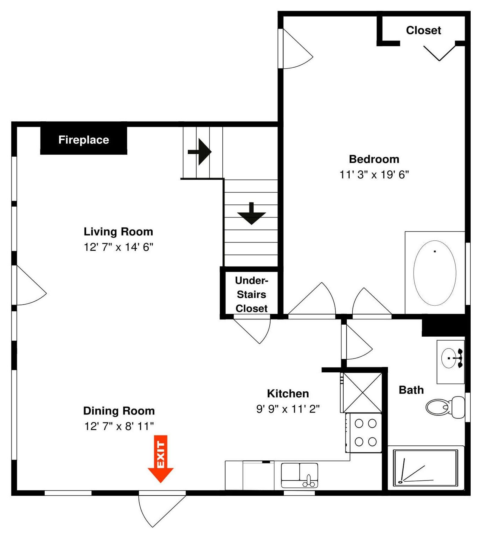 A floor plan of a house with a living room, dining room, kitchen, bathroom, bedroom, closet, and fireplace.