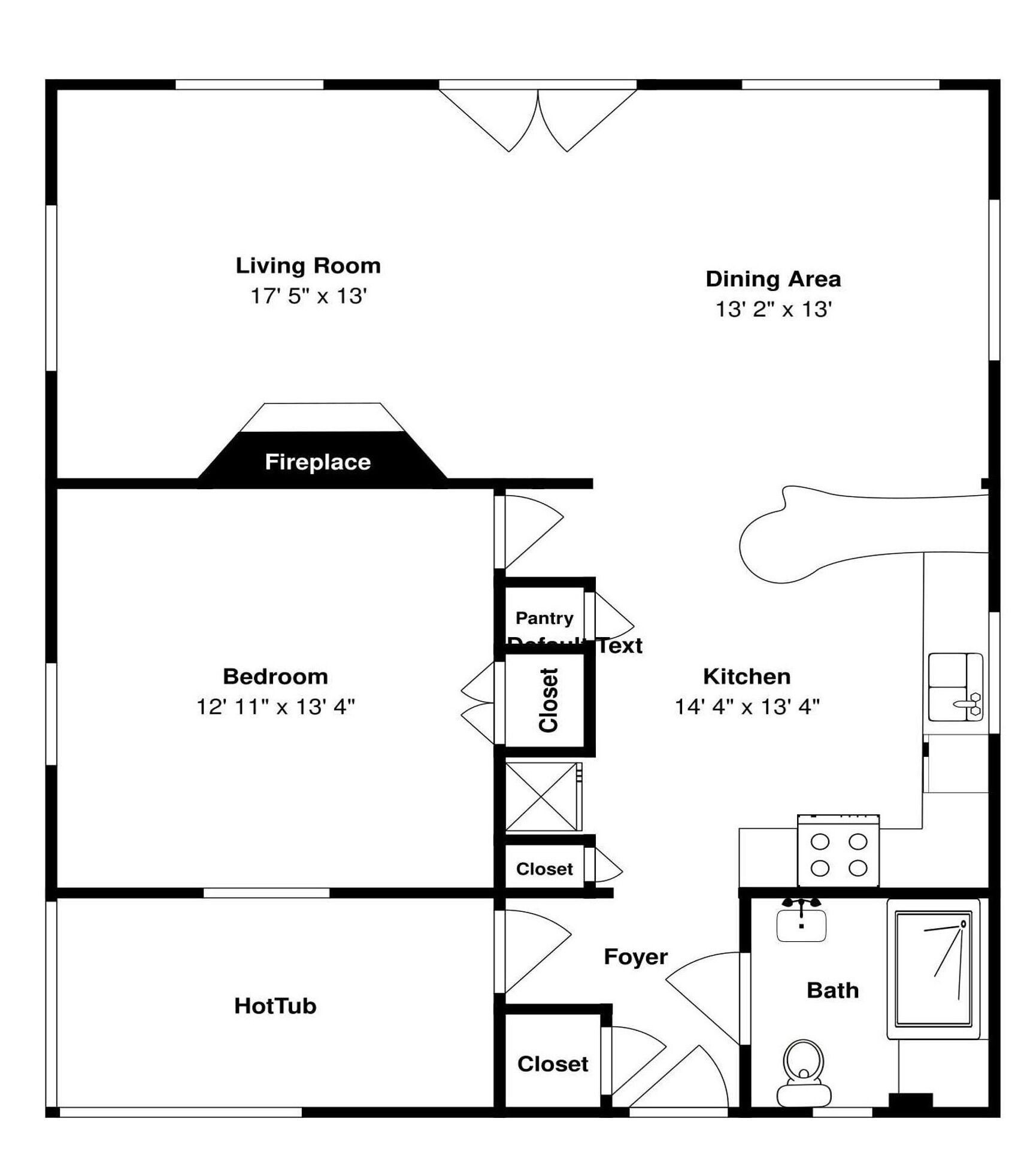Un plano de planta que muestra una sala de estar, comedor, dormitorio, kitchenette, baño y jacuzzi.