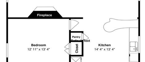 Un plano de planta que muestra una sala de estar, comedor, dormitorio, kitchenette, baño y jacuzzi.