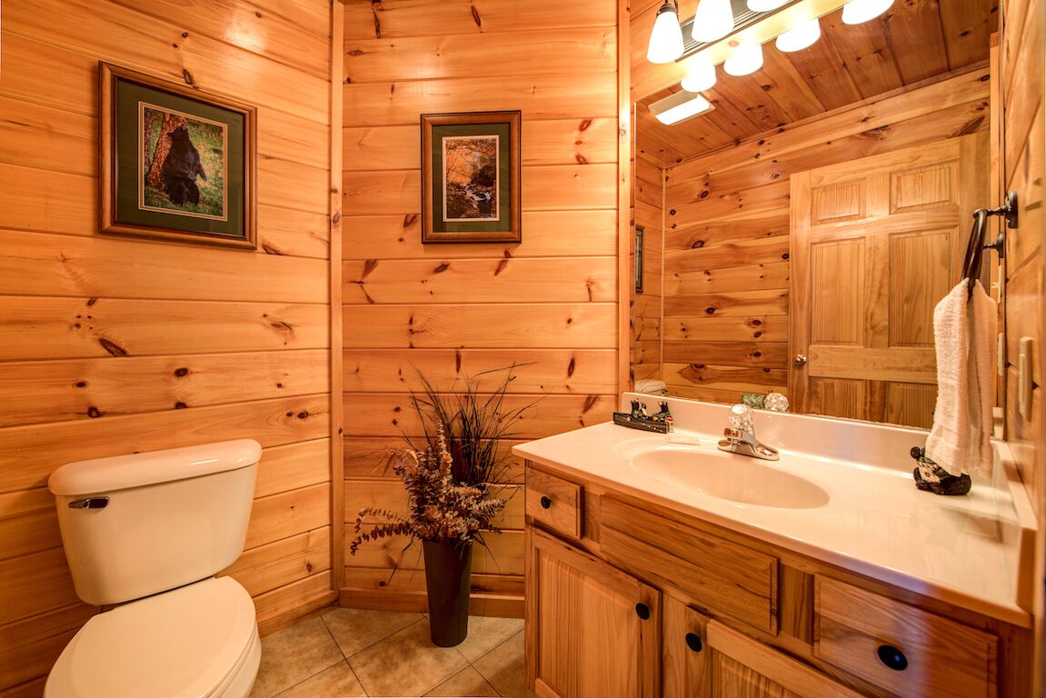 A wooden cabin bathroom with a toilet, sink, and mirror.