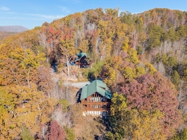 A cabin with a green roof nestled among autumn-colored trees.