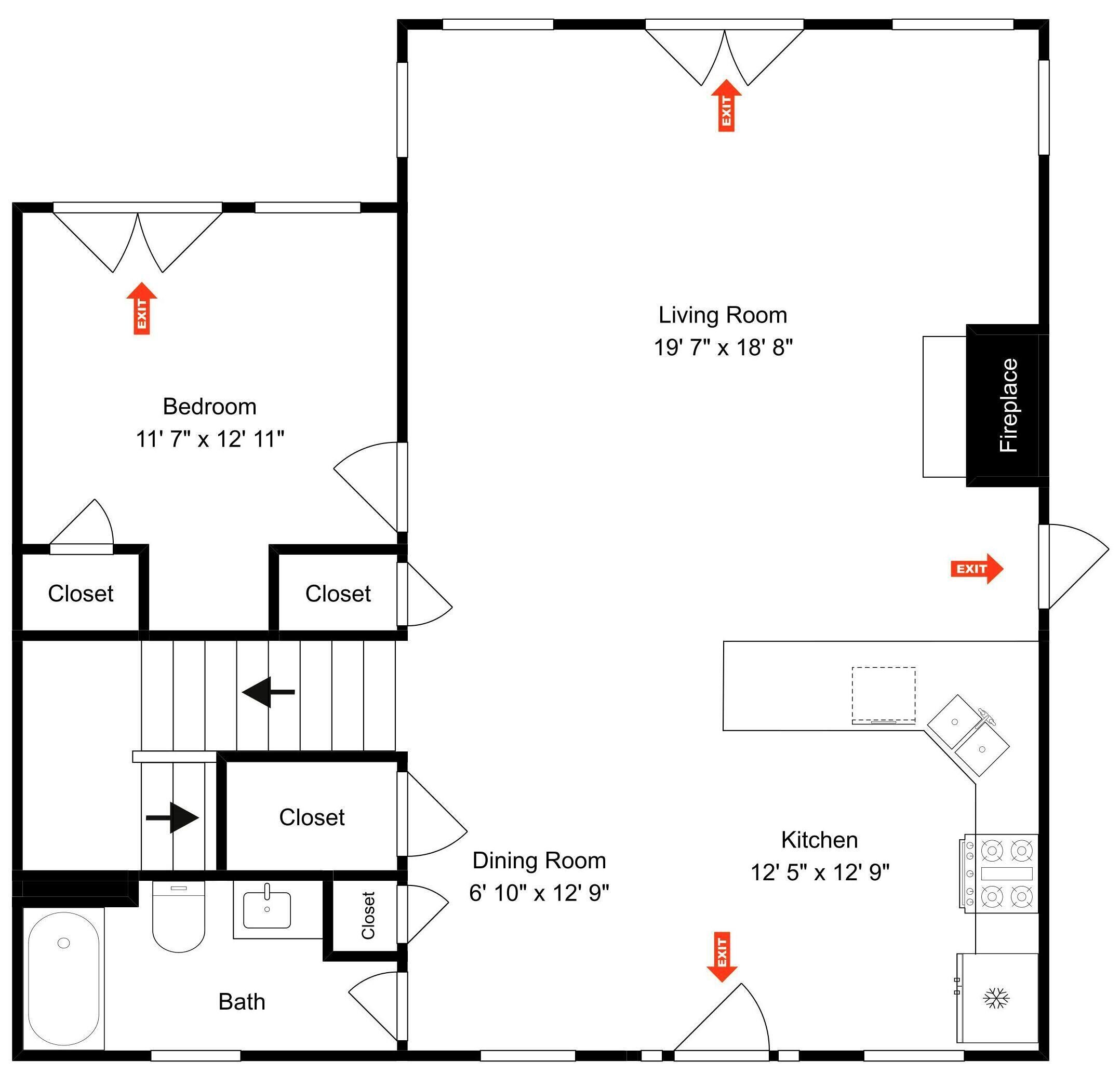 Plano de planta de una casa que incluye un dormitorio, sala de estar, comedor, cocina y baño.