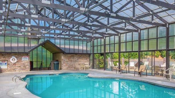 An indoor swimming pool with a glass ceiling, stone walls, and a view of the outdoors. - African Safari by Jackson Mountain Rentals (Sevierville)