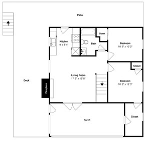 Planta baixa de uma casa com pátio, deck, lareira, sala de estar, cozinha, dois quartos, um banheiro e varanda.