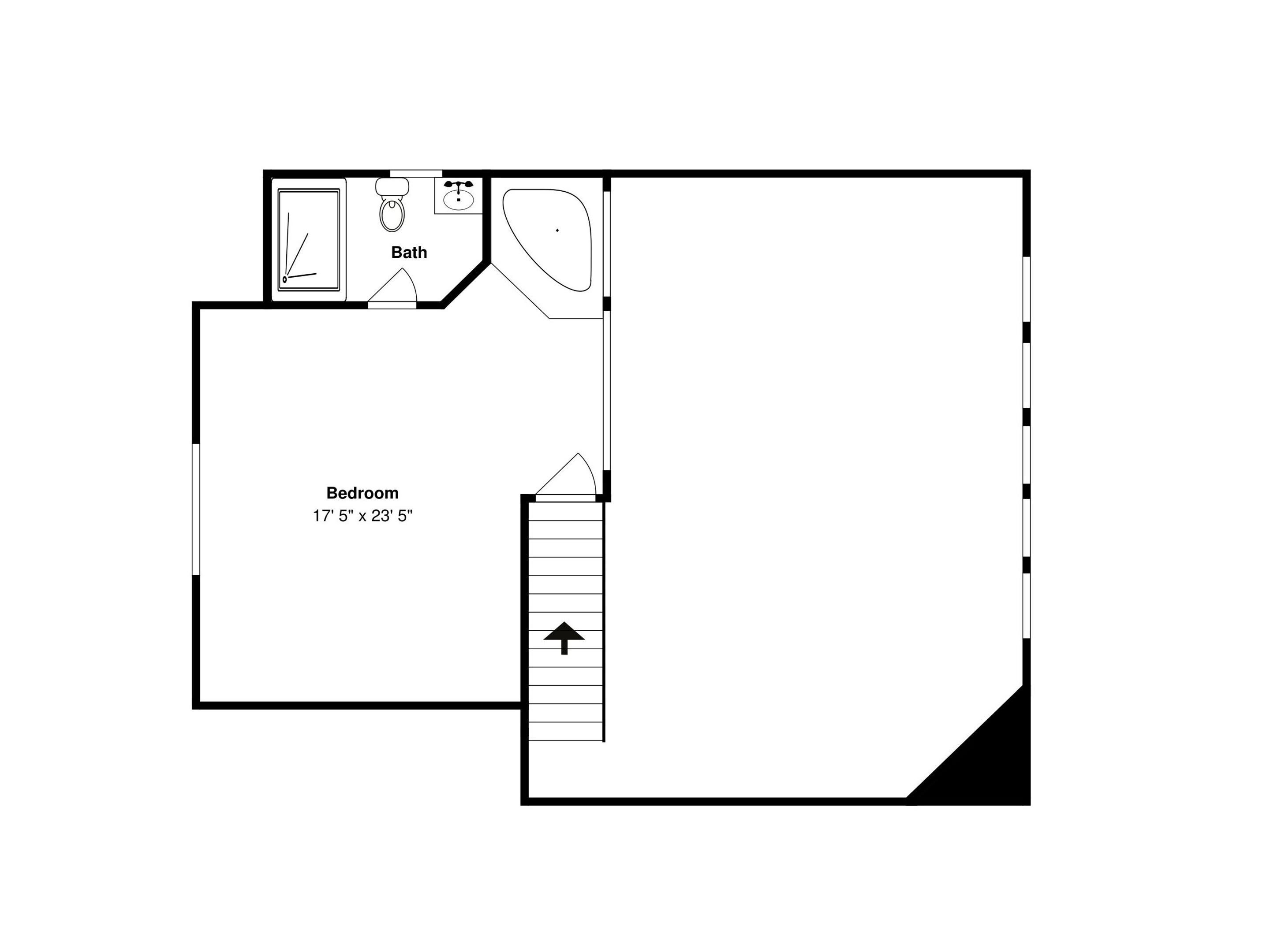 Distribución de un dormitorio con dimensiones de 5,25 metros por 7,09 metros, un baño y una escalera que lleva a un nivel superior.