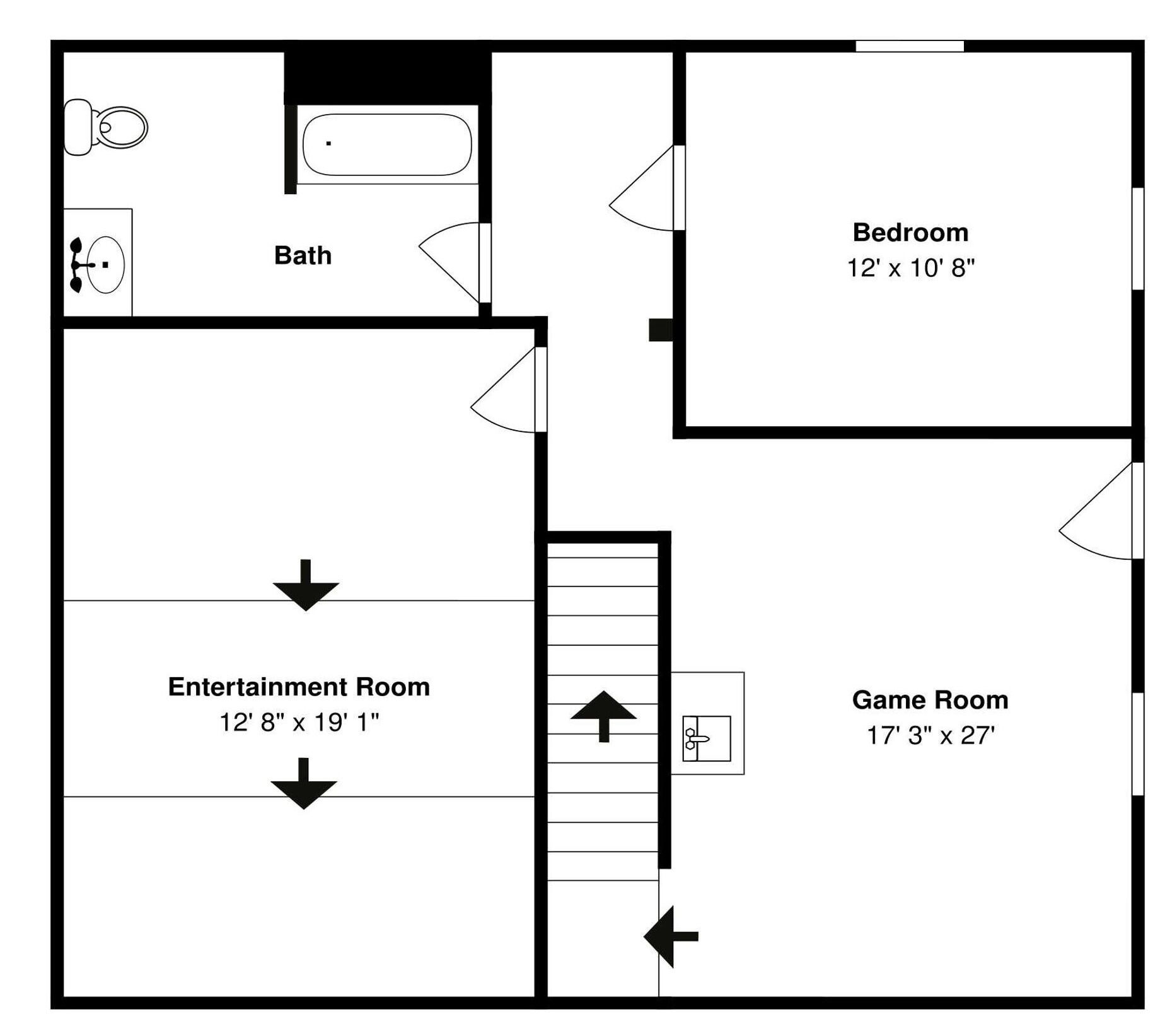 Planta baixa com um quarto medindo 3,65m x 3,25m, uma sala de entretenimento medindo 3,85m x 5,85m e uma sala de jogos medindo 5,25m x 8,25m.