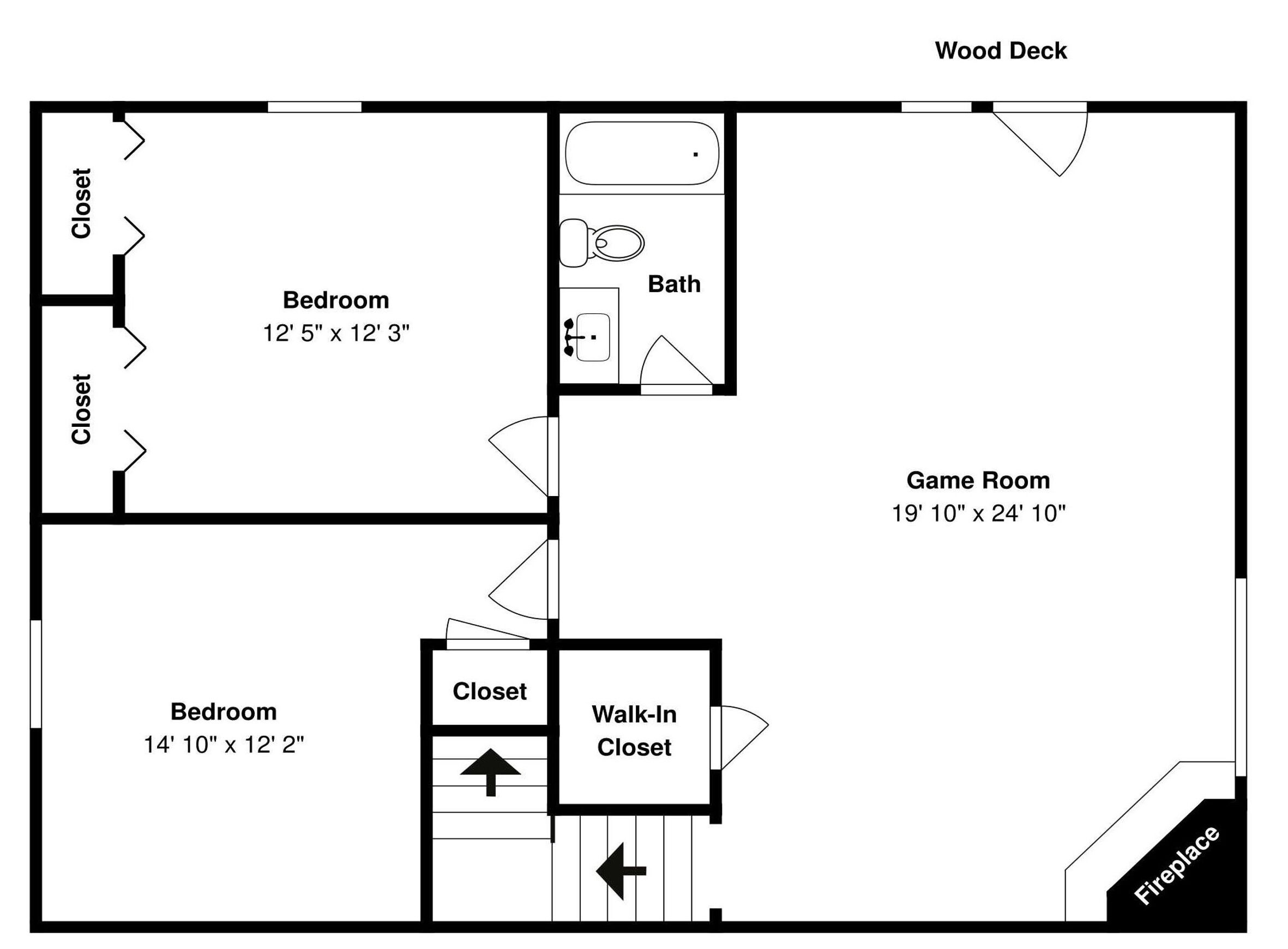 Ein Grundriss mit zwei Schlafzimmern, einem Badezimmer, einem Spielzimmer, Einbauschränken und einem Kamin.