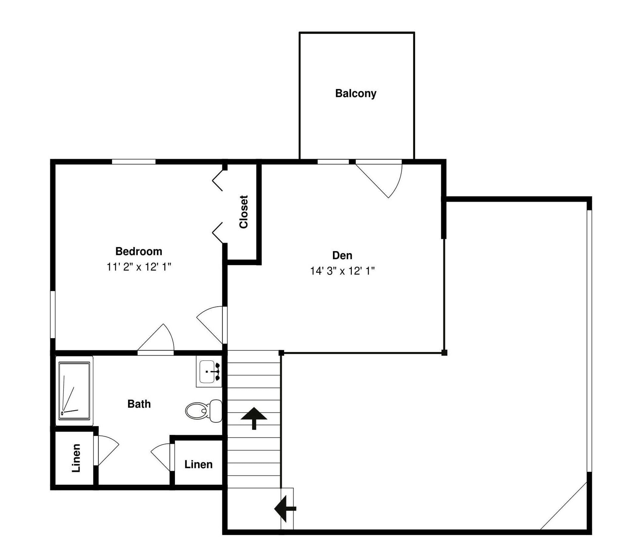Plano de planta que muestra un dormitorio, sala de estar, balcón, baño y dos espacios para ropa de lino.