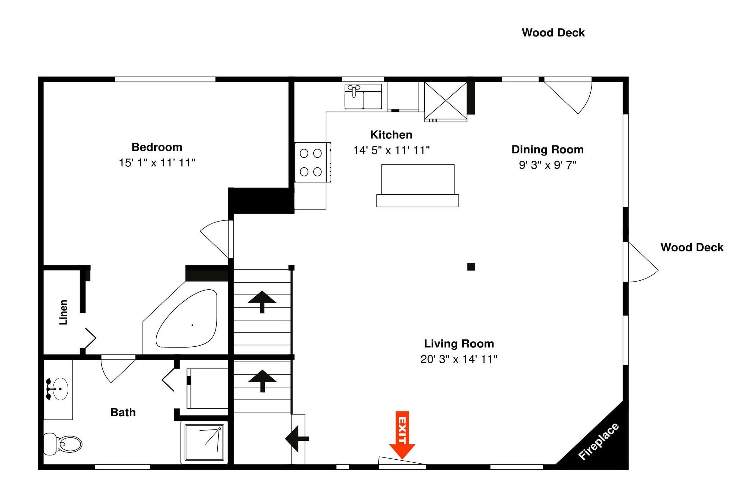 A floor plan of a house with a bedroom, kitchen, dining room, living room, and bathroom.