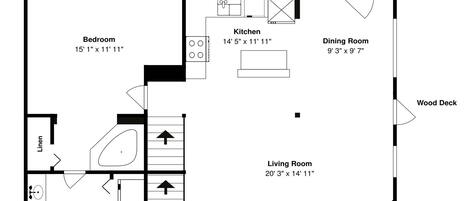 A floor plan of a house with a bedroom, kitchen, dining room, living room, and bathroom.