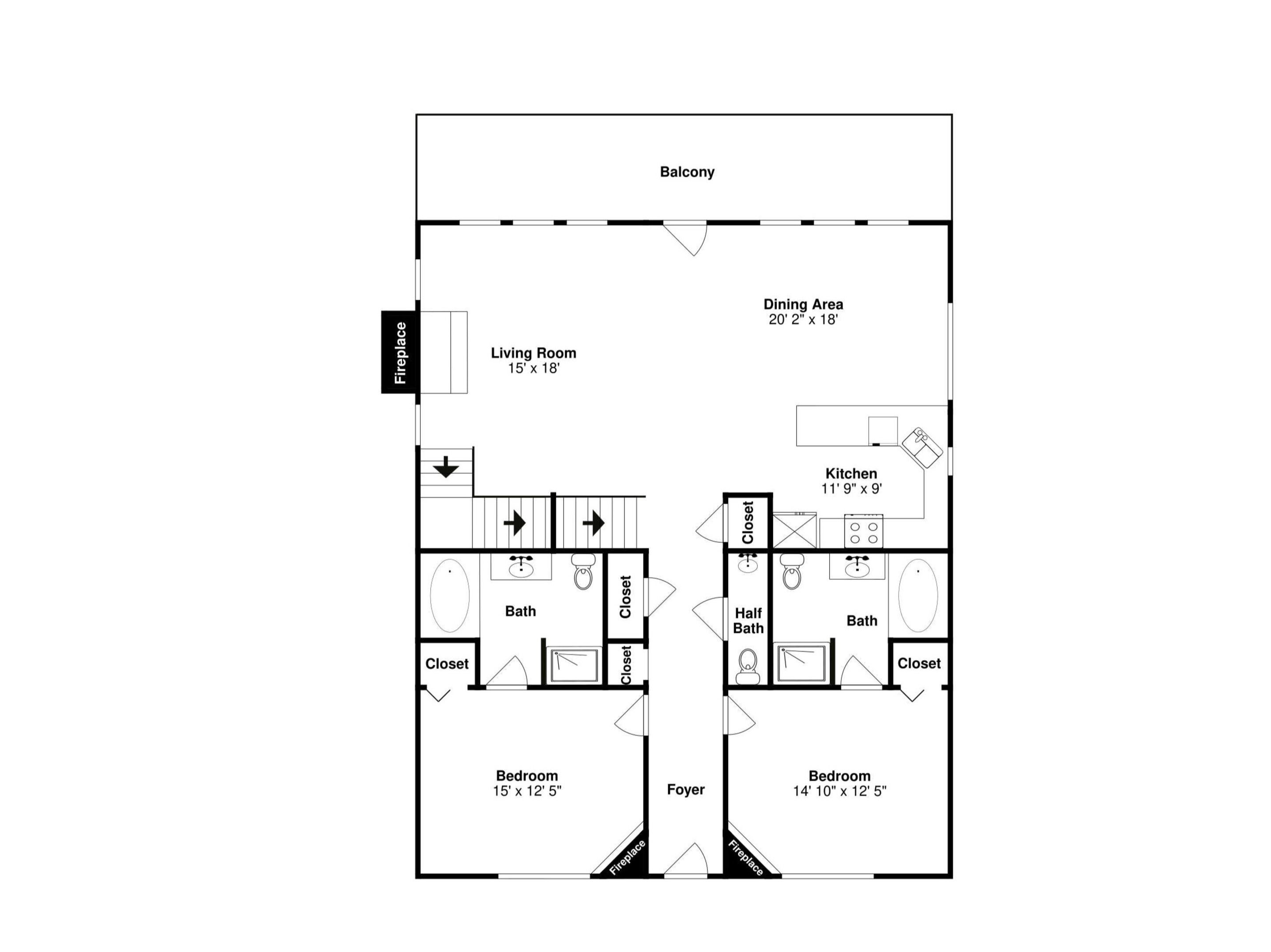 Un plan d’étage d’une chambre d’hôtel comprenant un balcon, un salon, un coin repas, une cuisine, deux chambres, deux salles de bain et un hall d’entrée.