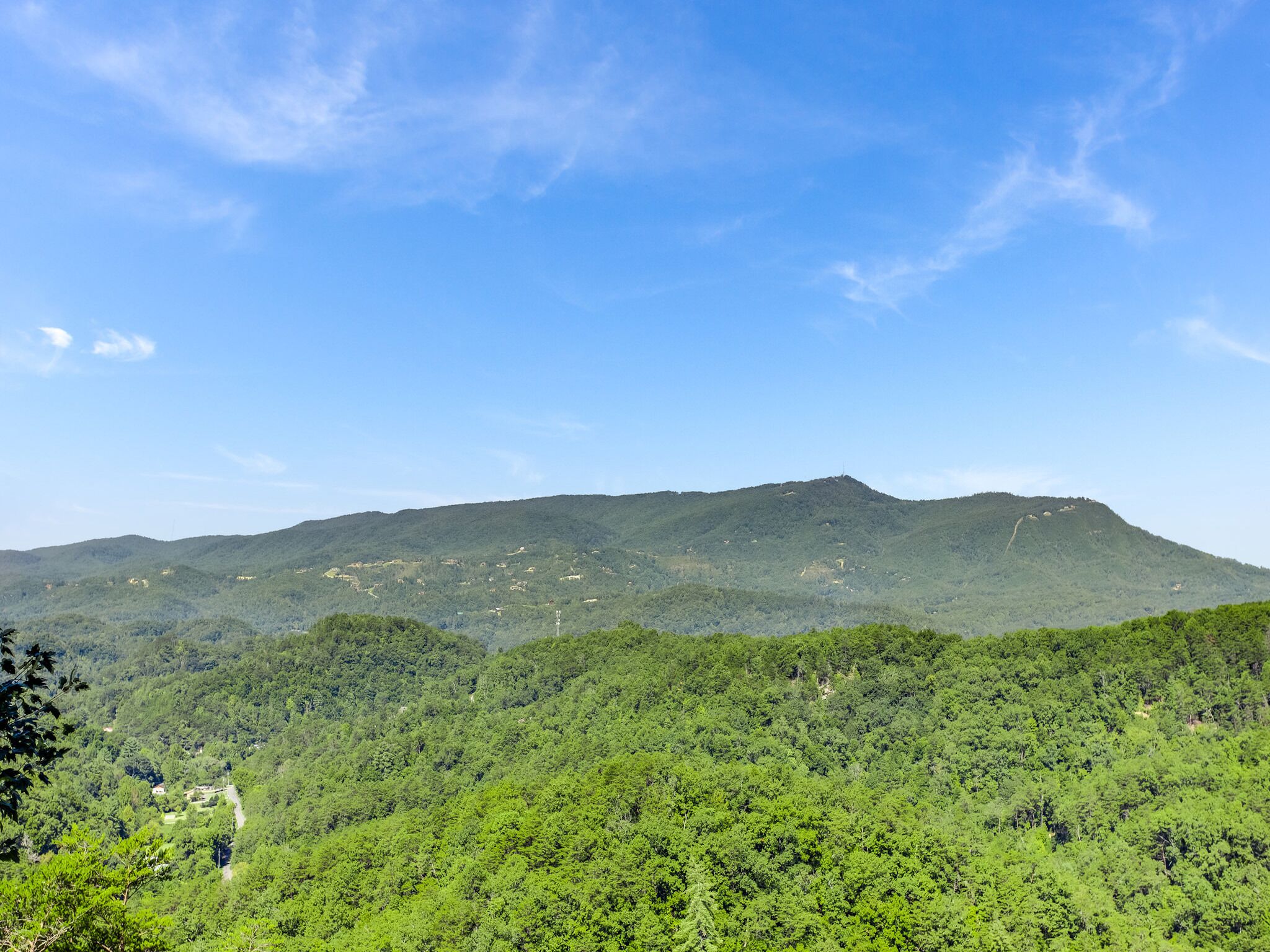 Un paisaje montañoso con bosques verdes y un cielo azul despejado.