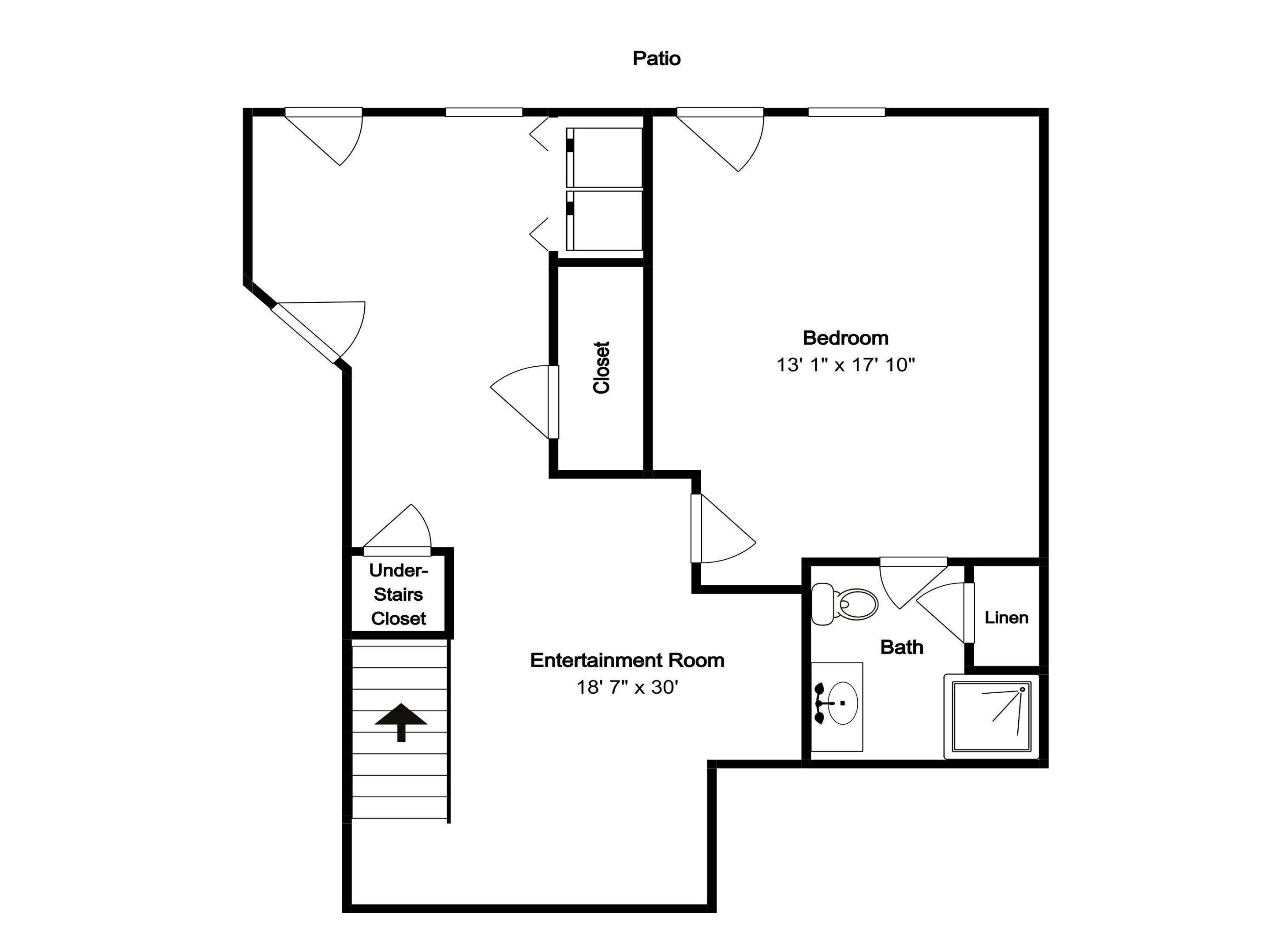 Grundriss mit Terrasse, Schlafzimmer, Abstellraum, Unterhaltungsraum, Stauraum unter der Treppe und Bad.