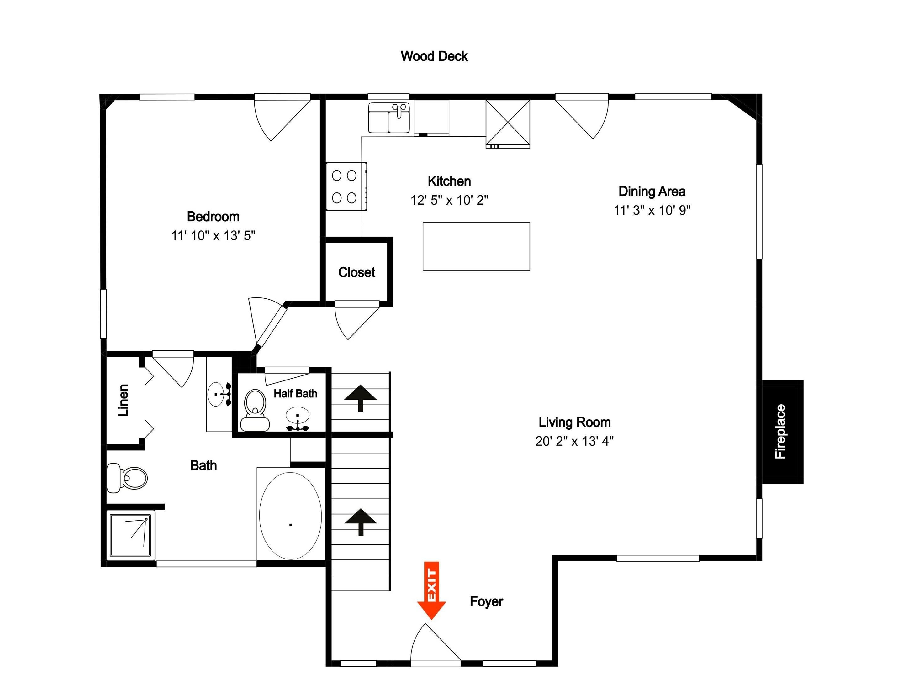 Plano de planta de una casa que incluye un dormitorio, baño, cocina, comedor, sala de estar y recibidor.