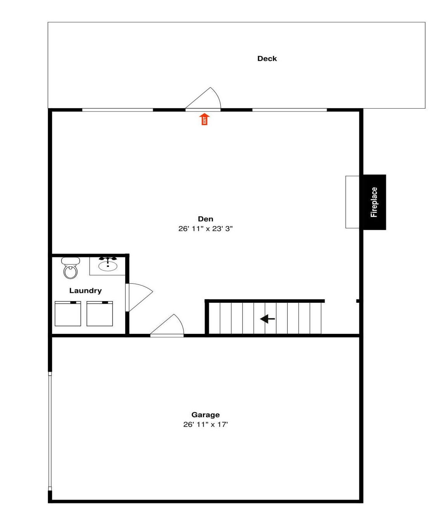 A floor plan with a deck, fireplace, laundry area, and a garage.