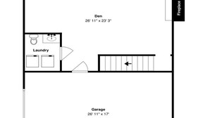 Grundrids med terrasse, pejs, vaskerum og garage.