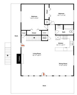 A floor plan of a house with a living room, dining room, kitchen, two bedrooms, a bathroom, and a fireplace.