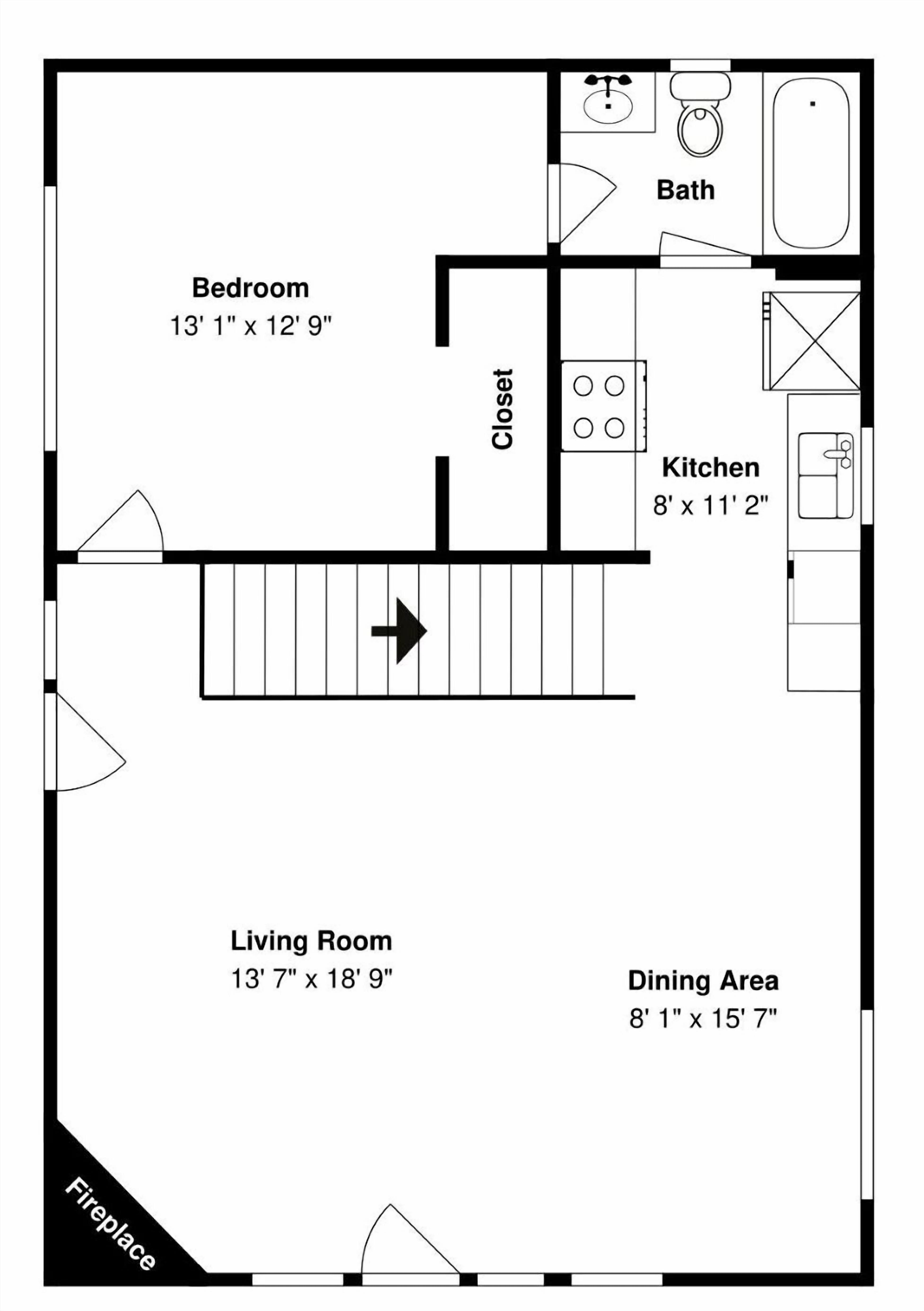 Un plan d’étage comprenant une chambre, une salle de bain, une cuisine, un salon, un coin repas et une terrasse.