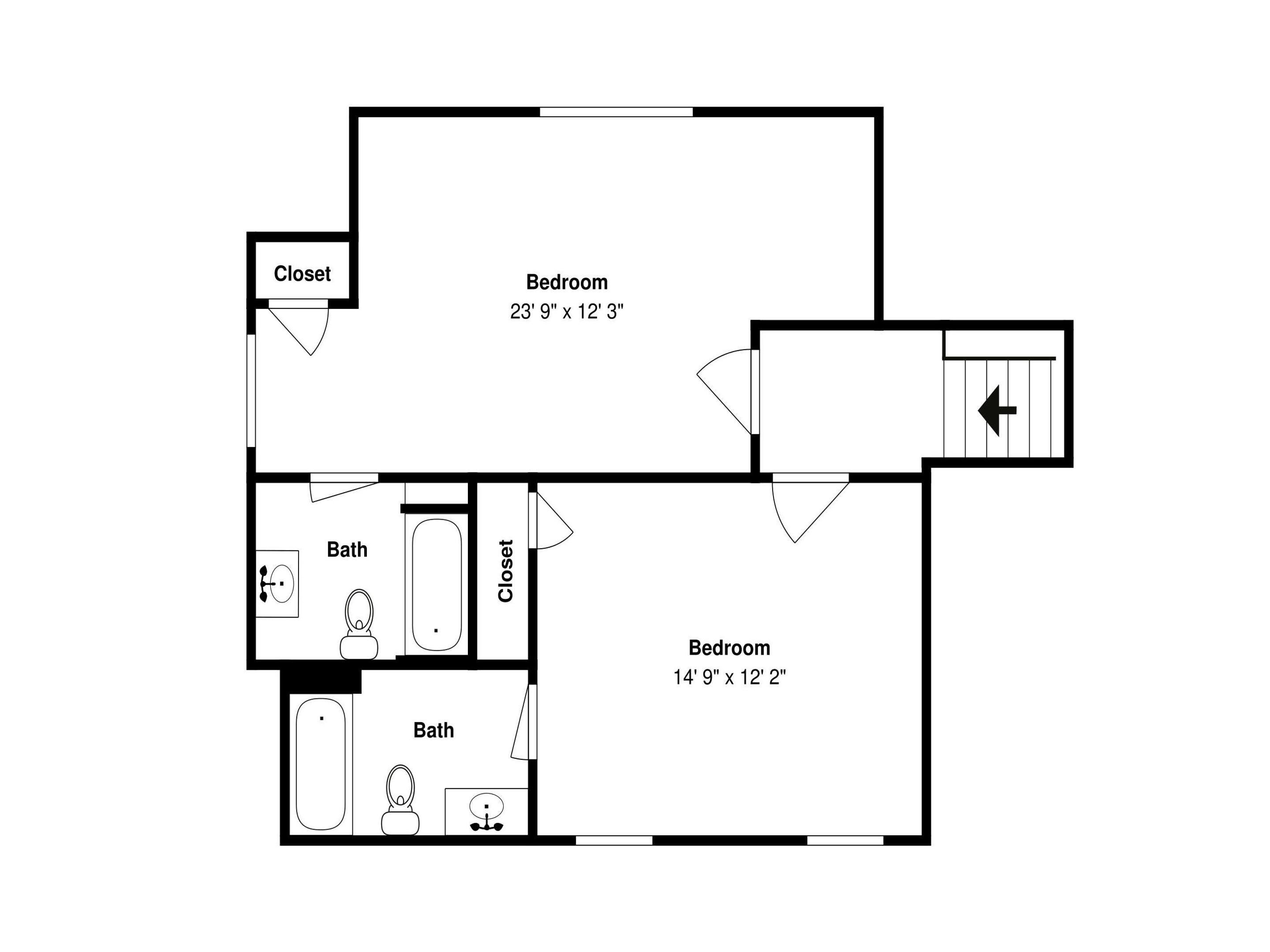 A floor plan with two bedrooms, two bathrooms, and a closet.