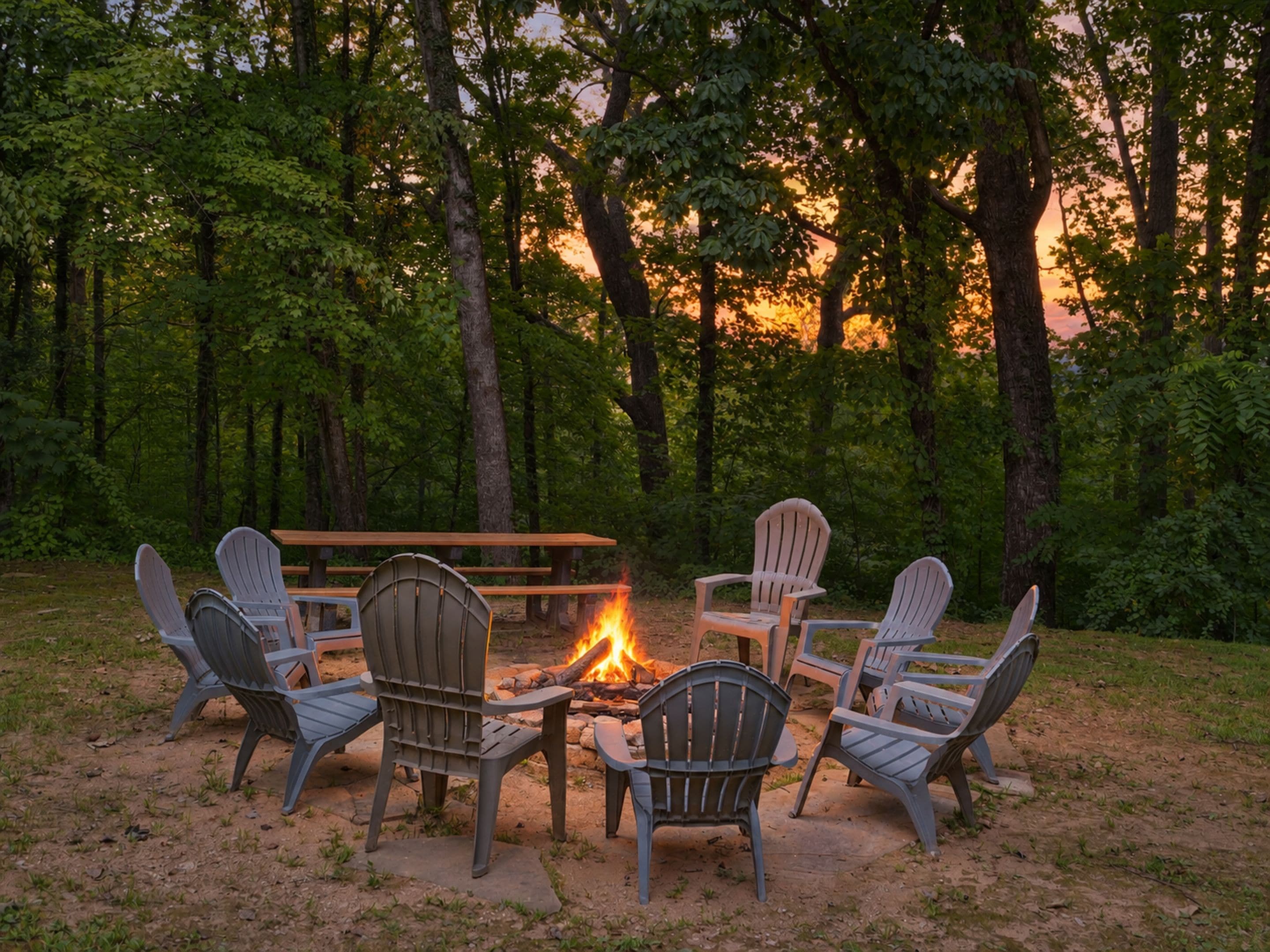 An outdoor seating area with Adirondack chairs and a fire pit surrounded by trees.