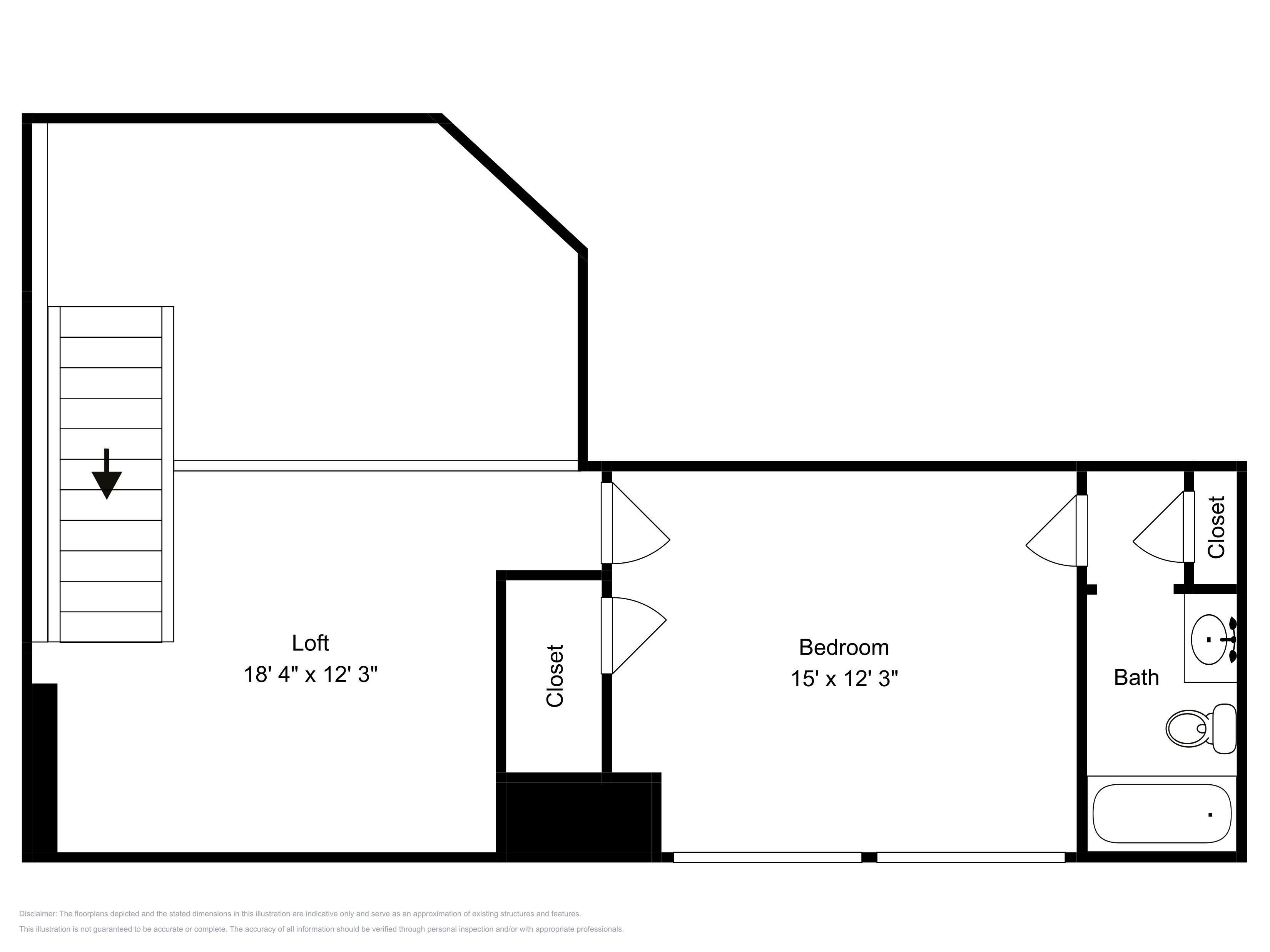 A floor plan with a loft measuring 18' 4" x 12' 3", a bedroom of 15' x 12' 3", and a bathroom.
