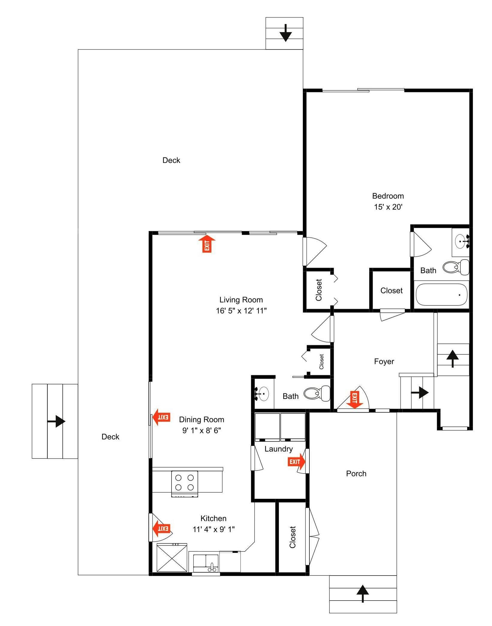 A floor plan of a house with a deck, living room, dining room, kitchen, bedroom, bathroom, foyer, laundry, and closet.